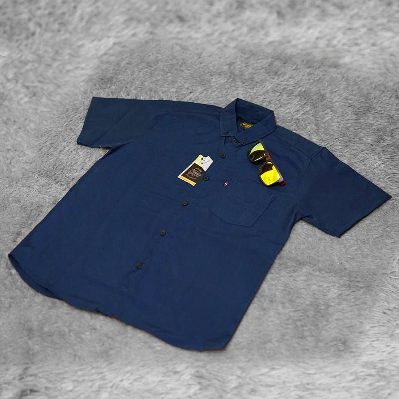 Kemeja Polos Pria Biru Navy Lengan Pendek Bahan Katun Poplin Oxford Slimfit Hurley