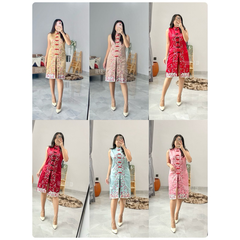 SETELAN CHEONGSAM JIHYO ATASAN BLOUSE CELANA PENDEK CNY QIBAO SATIN BROKAT PREMIUM IMPORT SET BUNGA 