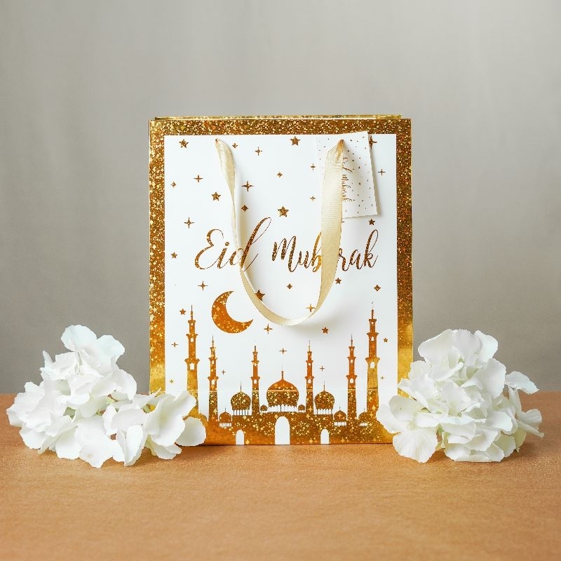 

Paper Bag Eid Mubarak Paper Bag Hot Stamp Idul Fitri White Gold Hampers