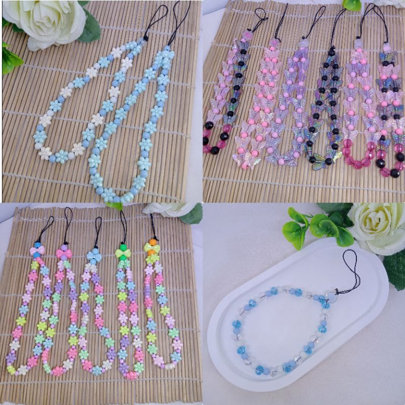 STRAP PHONE LUCU MURAH MERIAH (KUPU KUPU, KERAMIK BINTANG, BUNGA SOFT GLOSSY, KRISTAL)