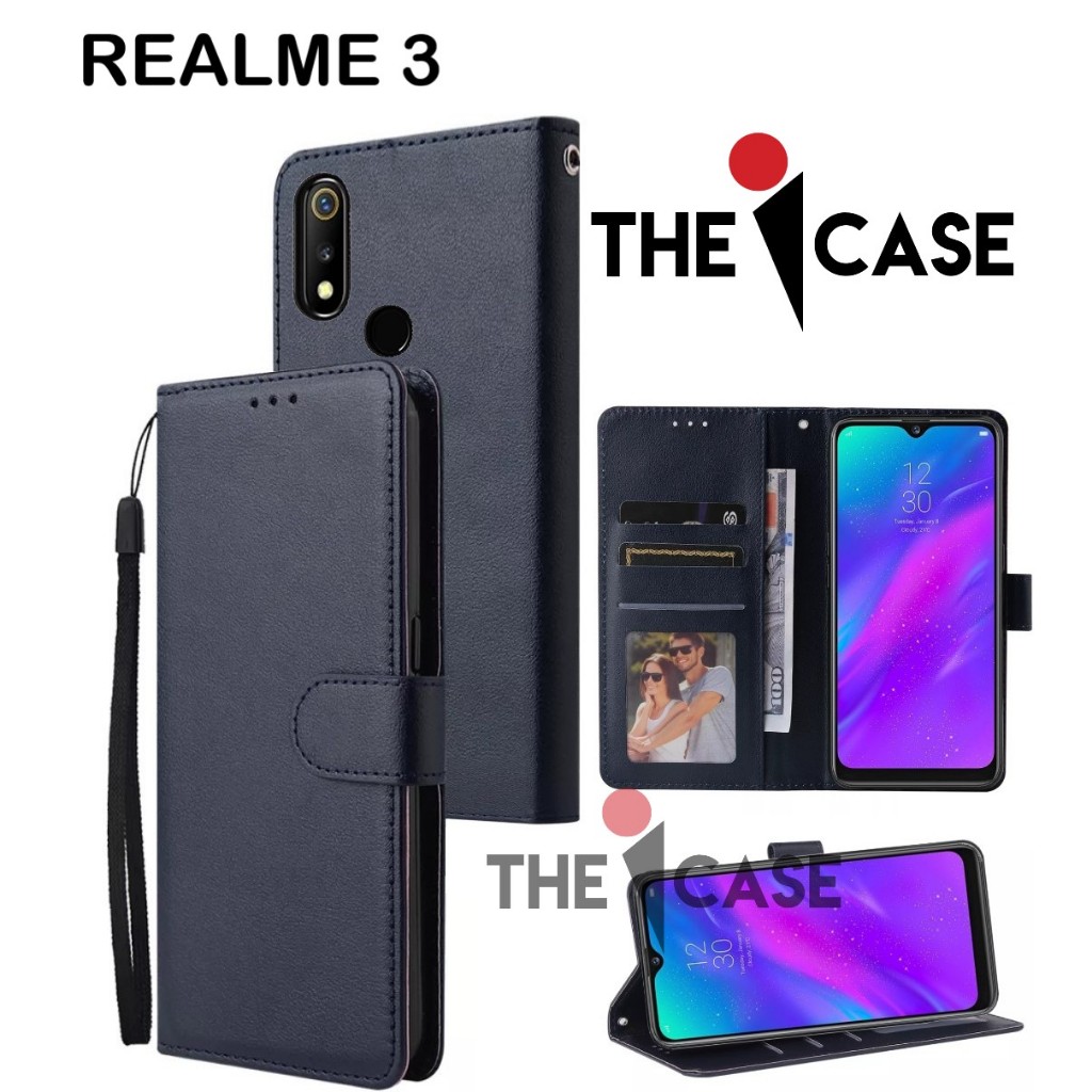 Casing REALME 3 model flip buka tutup case kulit ada tempat foto dan kartu juga tali hp flip cover