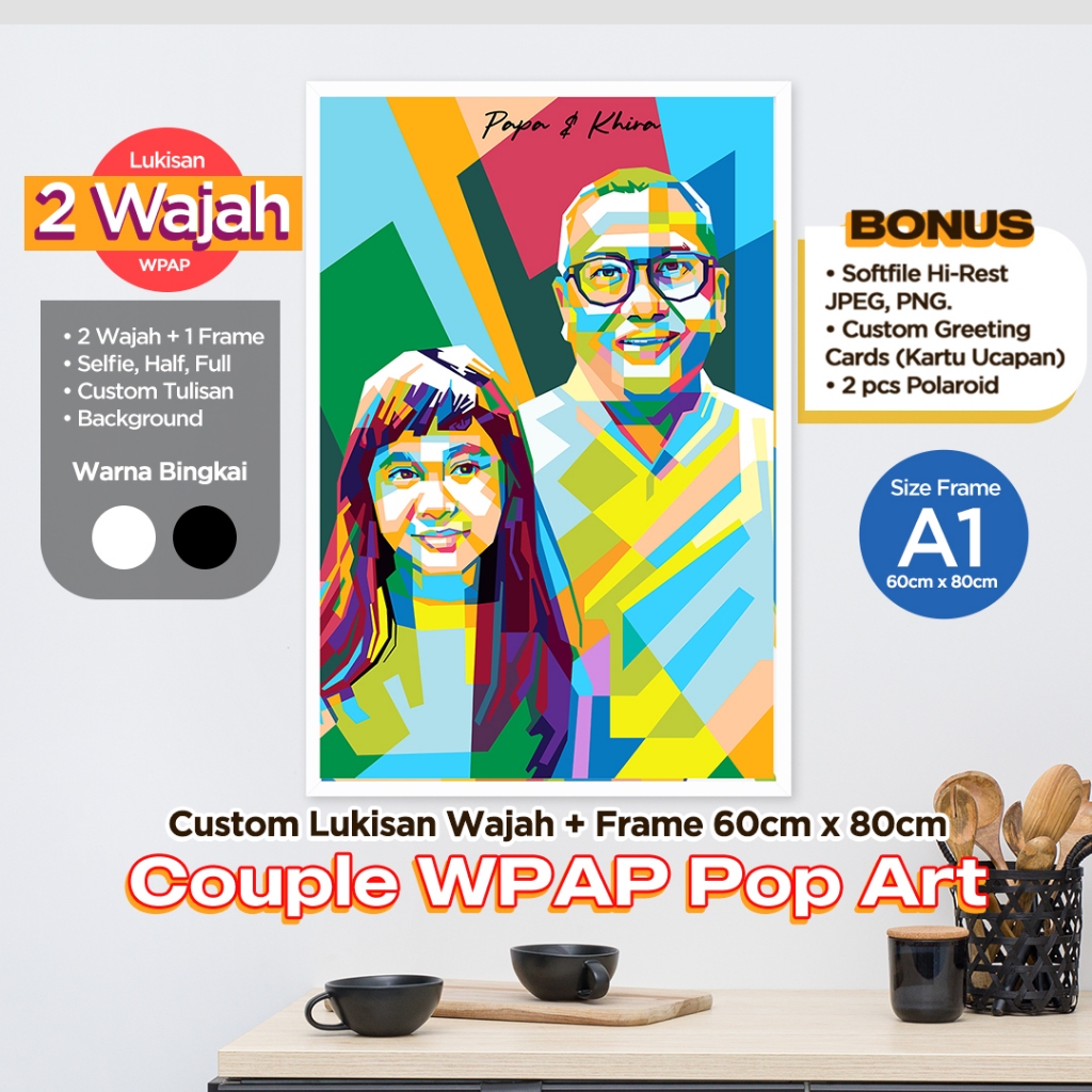 Lukisan Wajah WPAP Pop Art 2 wajah + Bingkai 60×80/24R | Custom Kado Ulang Tahun/Hiasan Dinding/Sket