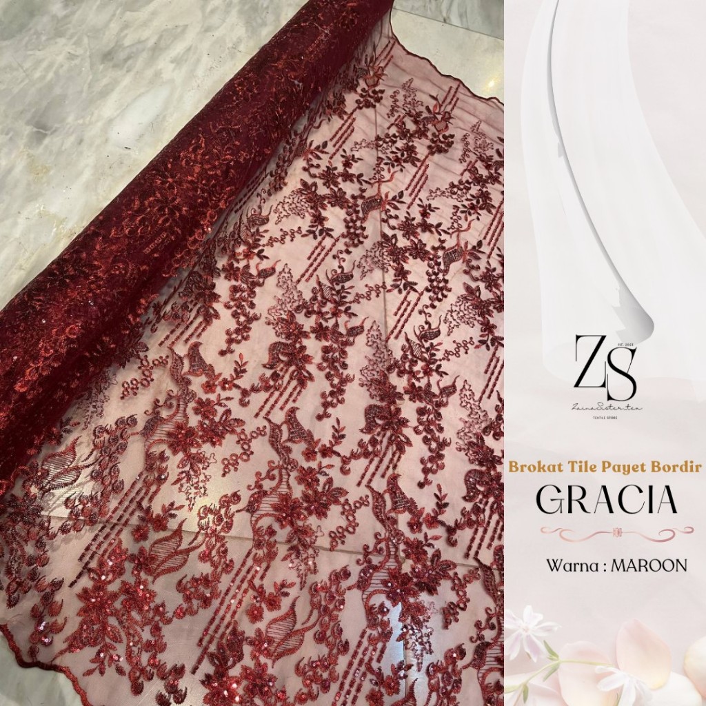 Kain Bahan Kebaya Mewah Brokat Brukat Tile Bordir Payet Gracia Warna Merah Maroon
