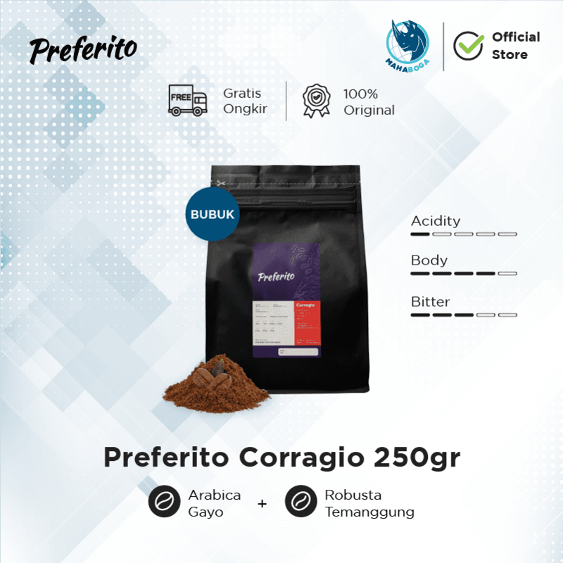 

Preferito Corragio Biji Kopi Bubuk Arabica Gayo Robusta Temanggung