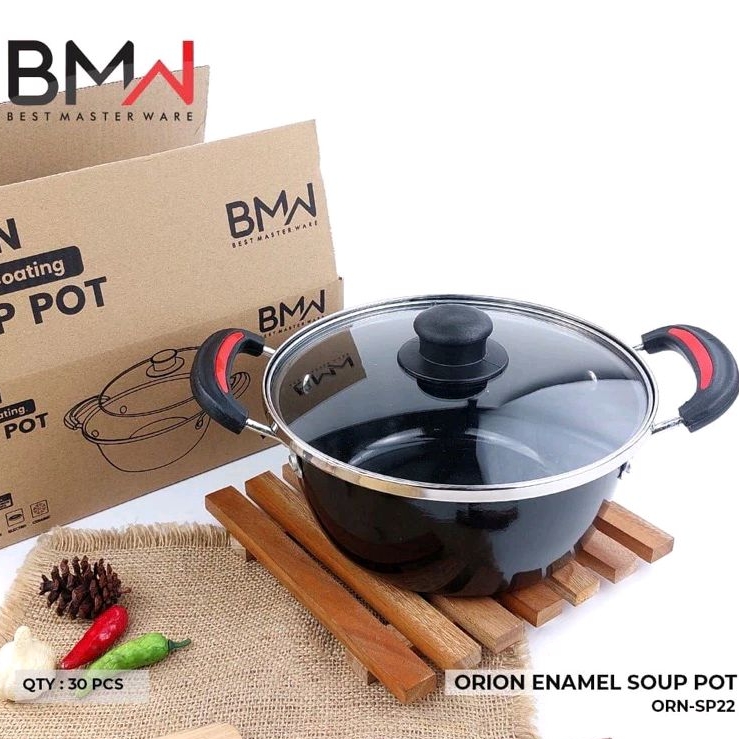 Panci Kuah Mangkok Orion Enamel Tutup Kaca Anti Lengket / Panci Sayur Kuping Premium 22 CM