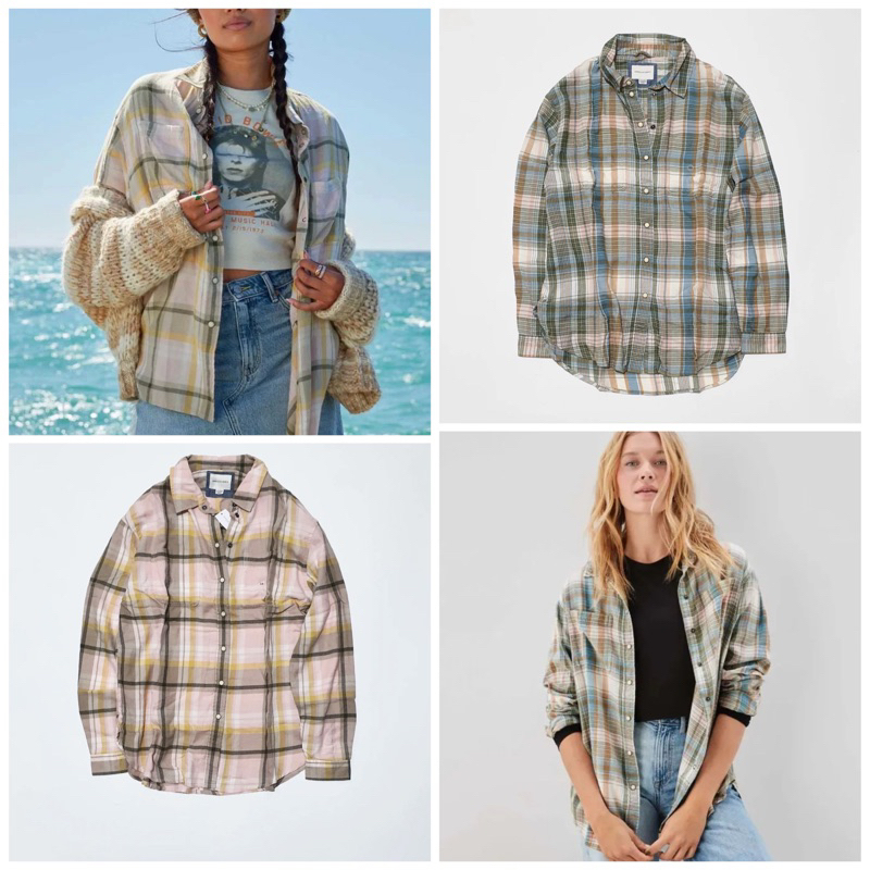 Oversize Kemeja Cewek Top Atasan Crop Boyfriend Flanel Flannel Shirt Kotak-kotak American Eagle Ori