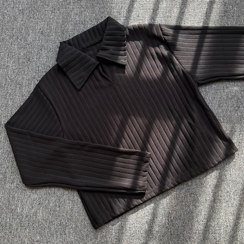 Kaos Crop Top BerKerah Knit Rib / Atasan Kerah Lengan Panjang Wanita