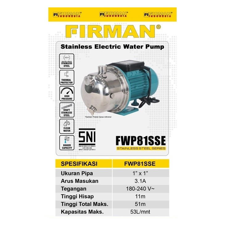 Pompa Air SEMIJET Steinless 1" FIRMAN FWP81SSE / Water Pump Air Depot Sumur Jetpump 1 Inch FWP 81 SS