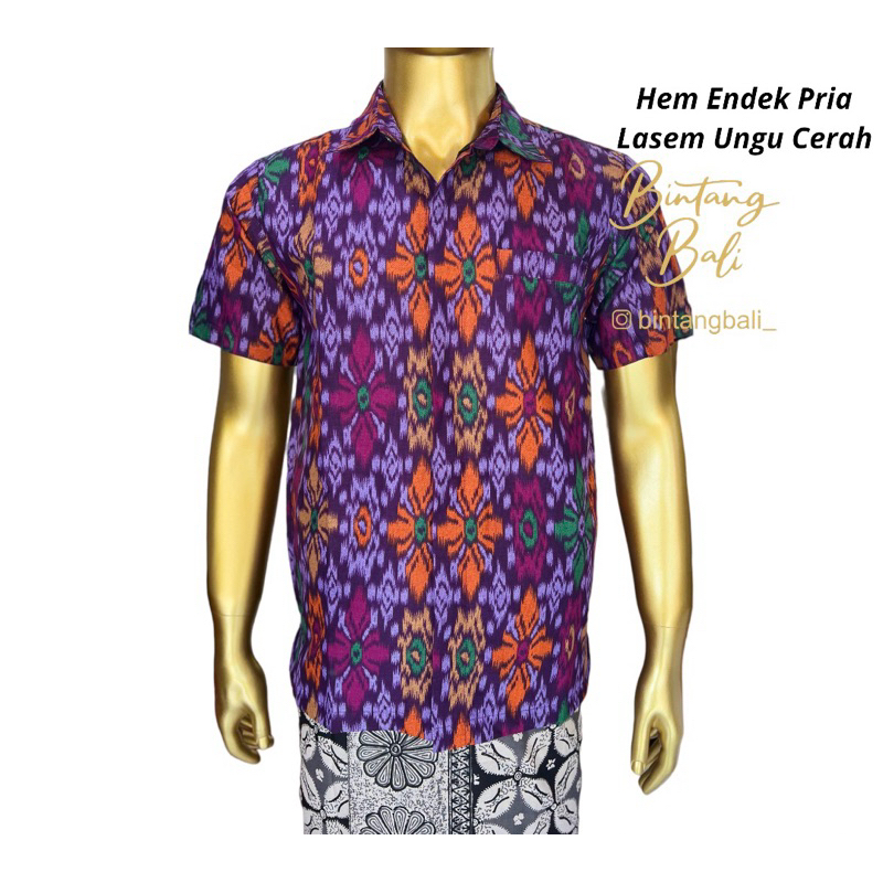 Kemeja Pria Endek Bali Katun Lengan Pendek motif Lasem Ungu Cerah