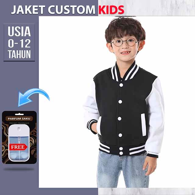 JAKET VARSITY ANAK POLOS (HITAM PUTIH) JACKET KIDS BASEBALL CUSTOM
