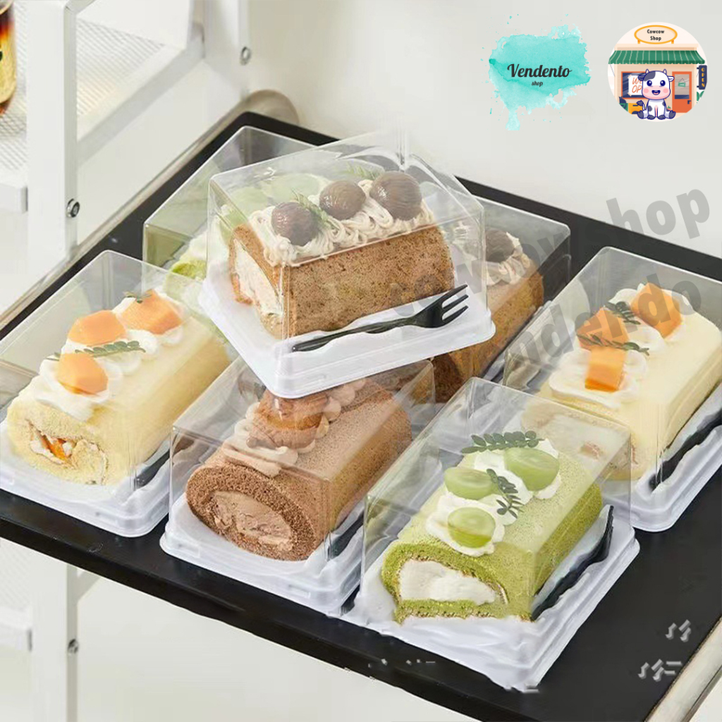 (10pcs) Tray Mika Kue PREMIUM Mika Box Kotak Roll Cake + Garpu / Tray Mika bolu  / dessert tray cake