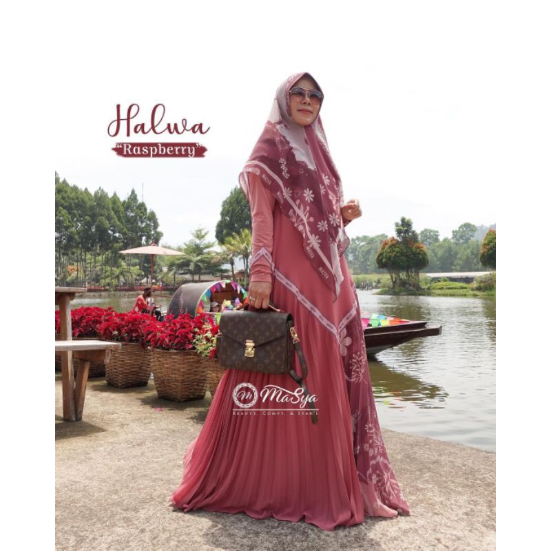 Set Gamis Dress Ceruty Babydoll Printing Premium Syari Branded Merah Maroon - Pink - Abu - Coklat Su