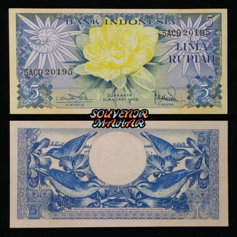 (Au/Unc/Gress) Uang kuno 5 rupiah seri bunga tahun 1959 rp 5 seri bunga bahan mahar nikah 2023 23 rupiah