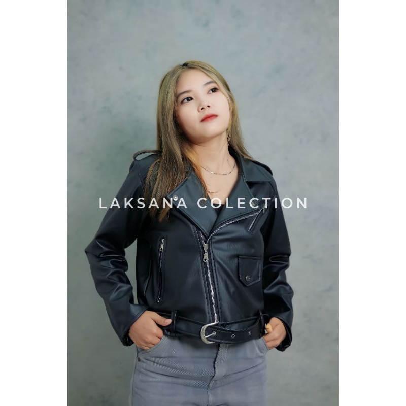 jaket kulit wanita crop style korea ramones mafia wanita