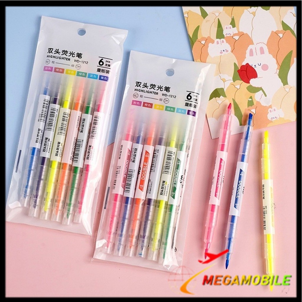 

MM - Set Highlighter Dua Sisi Warna isi 6Pcs Pen 2 sisi Diary Marker Stationery Lucu Unik Penanda Buku Warna Warni Pena Penanda Kepala Ganda 2 Arah