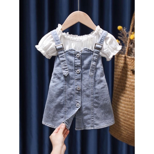 Overall jeans dan blouse putih anak perempuan import (Dapat 2 pakaian)