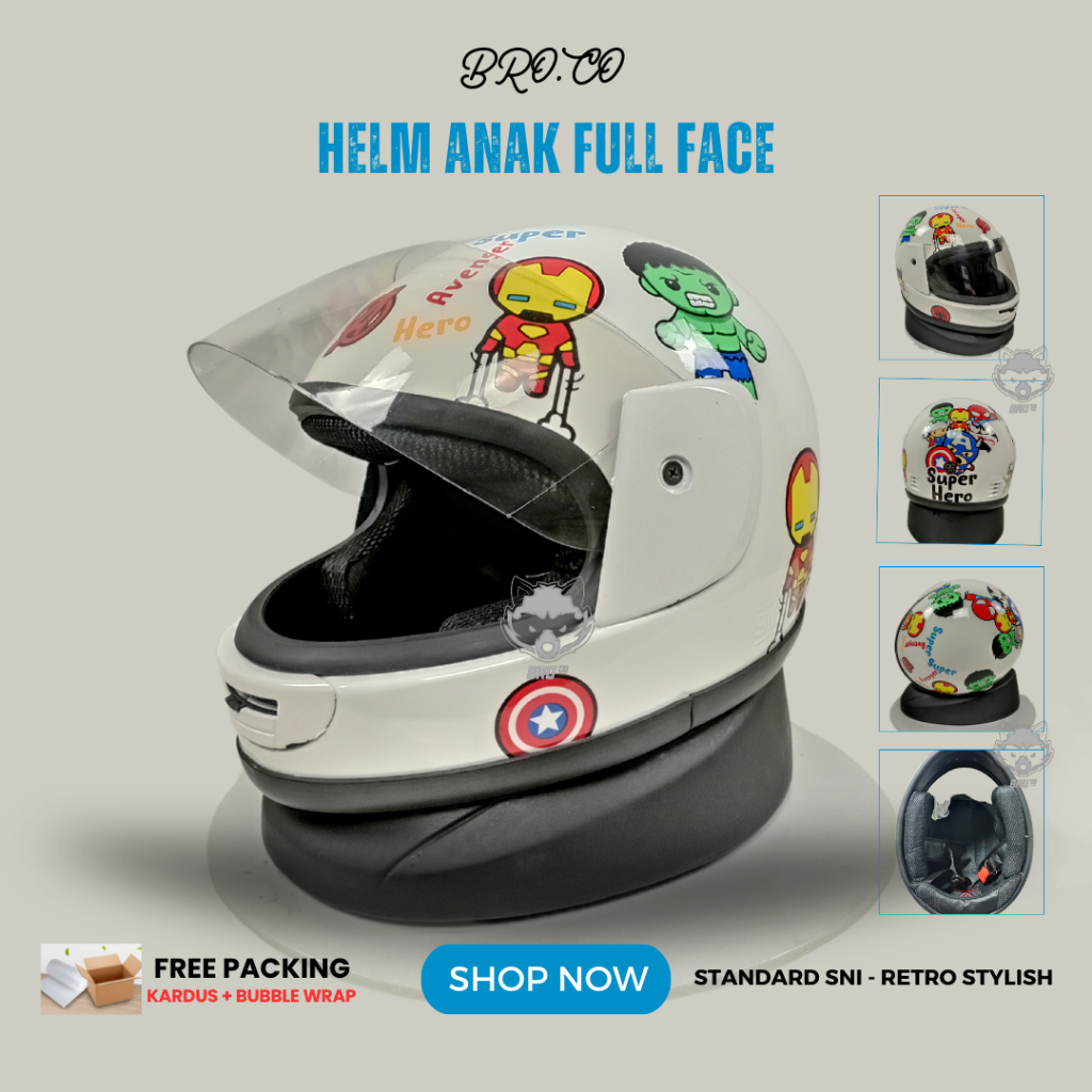 HELM FULL FACE ANAK ANAK KLASIK JUNIOR PREMIUM STANDARD SNI SUPERHERO WHITE GLOSSY BROKIDS BRO.CO UN