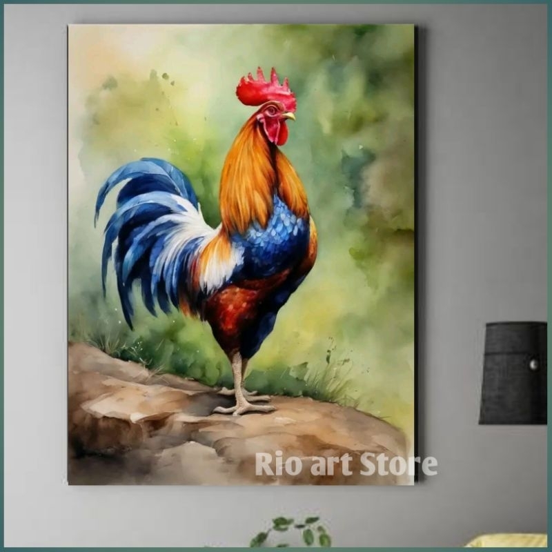 Hiasan dinding poster lukisan ai ayam jago untuk walldekor atau dekorasi dinding
