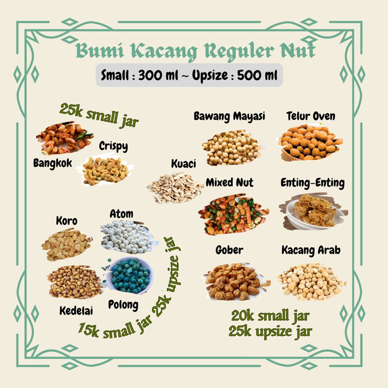 

Kacang Toples Reguler (Kuaci, Gober, Kacang Arab, Mixed Nut, Bawang Mayasi, Telur Oven, Telur Goreng)