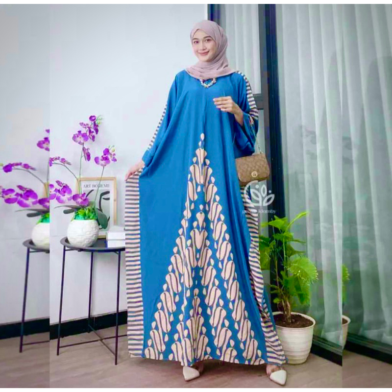 Kaftan Wanita - Daunda Kaftan Size Jumbo XXXXL Motif Daun Lengan Panjang Busui Resleting by Nadira_Fashion / Gamis Rayon Jumbo Kaftan Terbaru-JOGJA BLUE