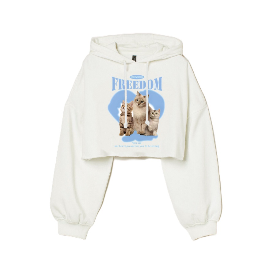 Harga Heboh Hoodie Crop CAT FREEDOM HM Broken White Sweater Hoodie Cropped Wanita Korean Style