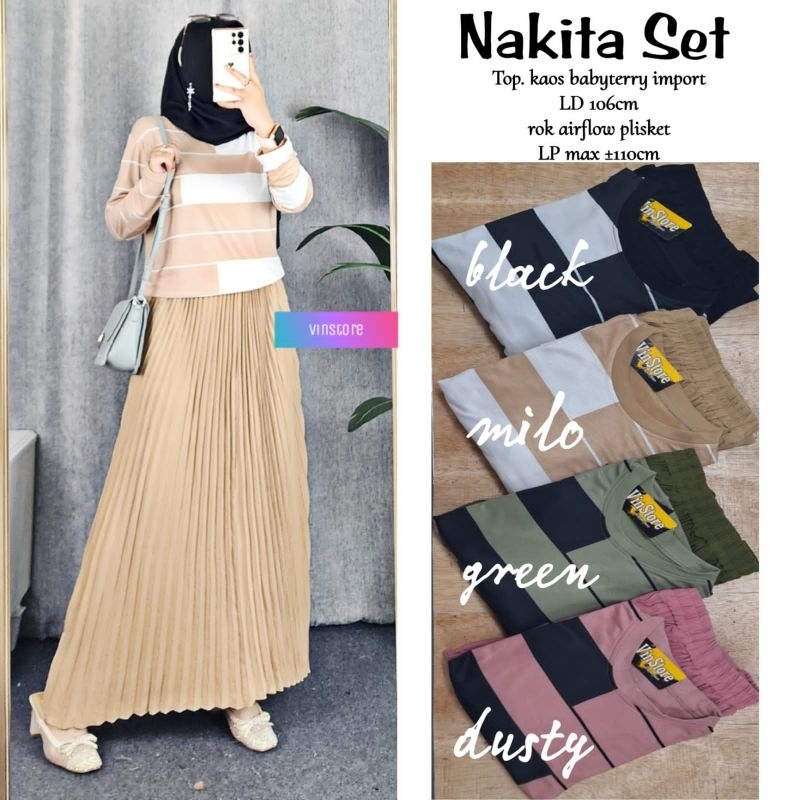 NAKITA SET | SET WANITA | SETELAN KAOS BABYTERRY IMPORT & ROK AIRFLOW PLISKET by VINSTORE