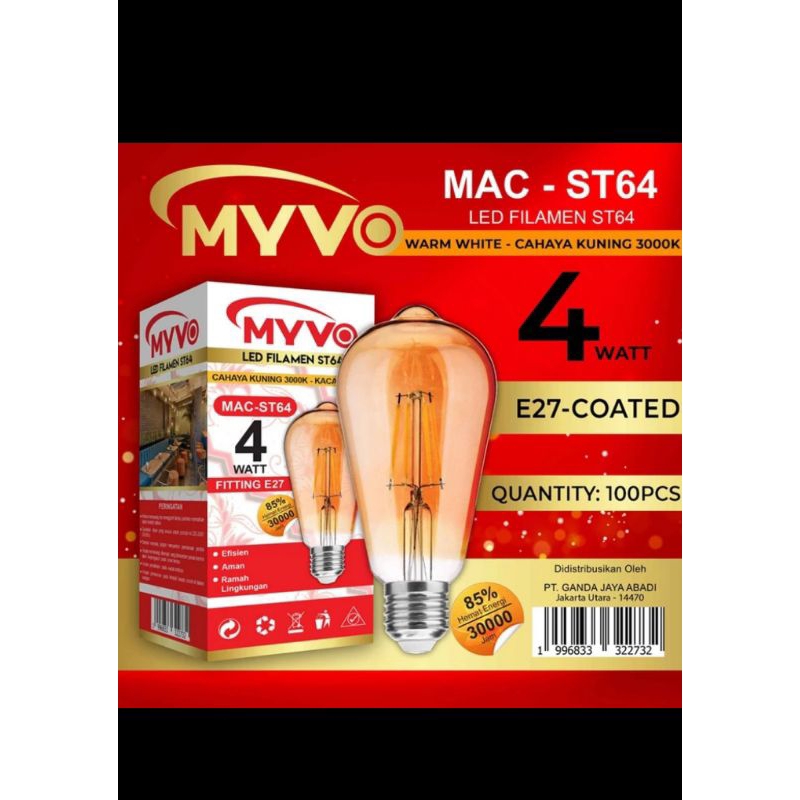 Myvo lampu LED filamen ST64 C35 4W kuning Pijar Cafe 4W - Partner C35