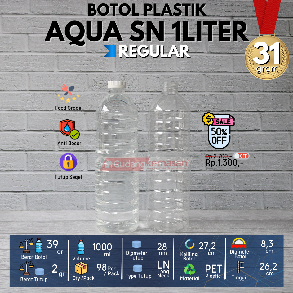 BOTOL PLASTIK AQUA 1000ML TUTUP LN WARNA - WARNI - FLASH