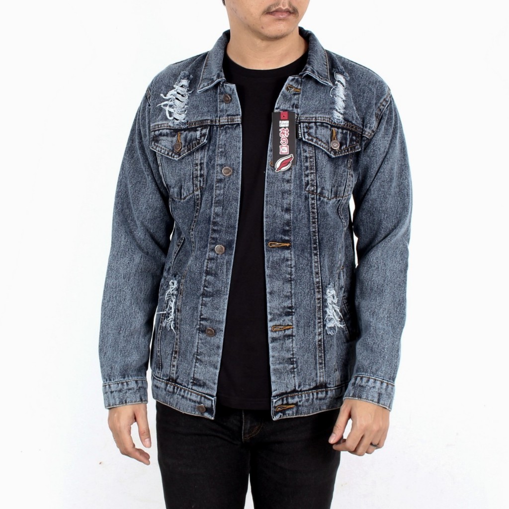 SIXTEEN - Jaket Jeans Pria Ripped Sandwash Sobek Original Flower Country