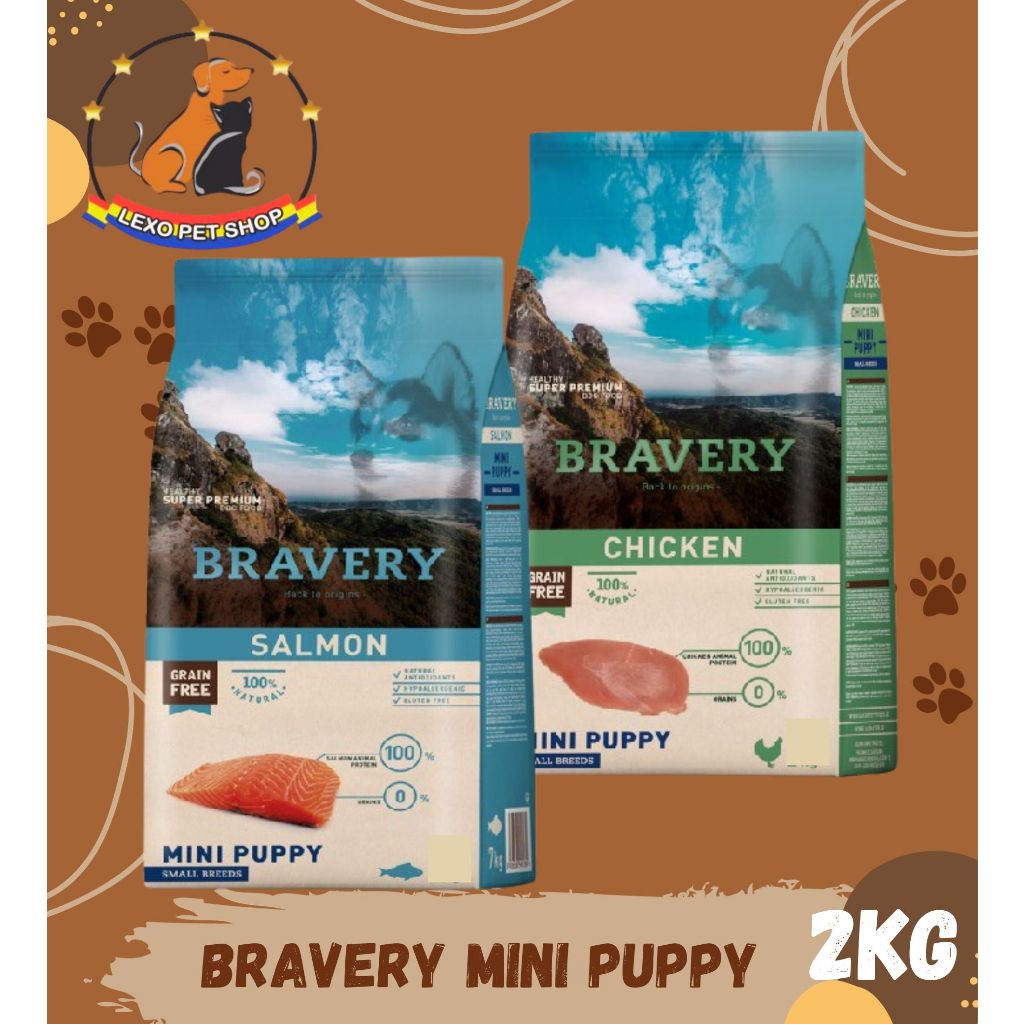 BRAVERY MINI PUPPY 2Kg Small Breed - Makanan Anak Anjing Rasa Salmon Chicken Kering / Dry Dogfood Gr