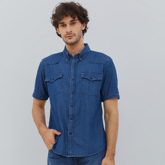 HILLBOSS Kemeja Jeans Lengan Pendek Pria Biru Tua Jose - Casual Denim Shirt OLD Navy Blue  - DS008