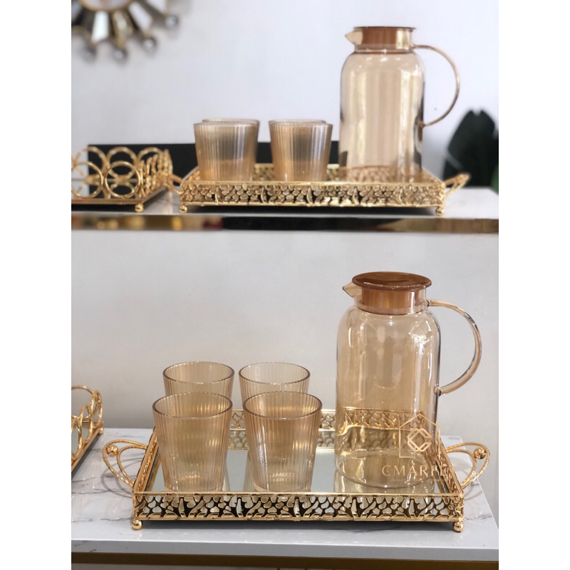 set teko lebaran / set teko gelas kaca gold