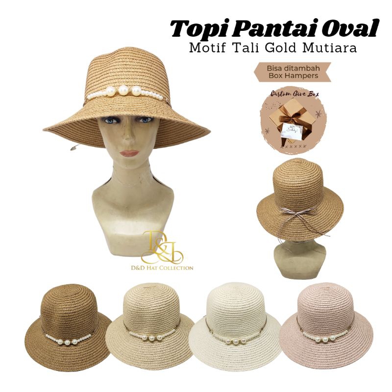 Topi Pantai Bucket Import Tali Gold Mutiara Topi Fashion Wanita