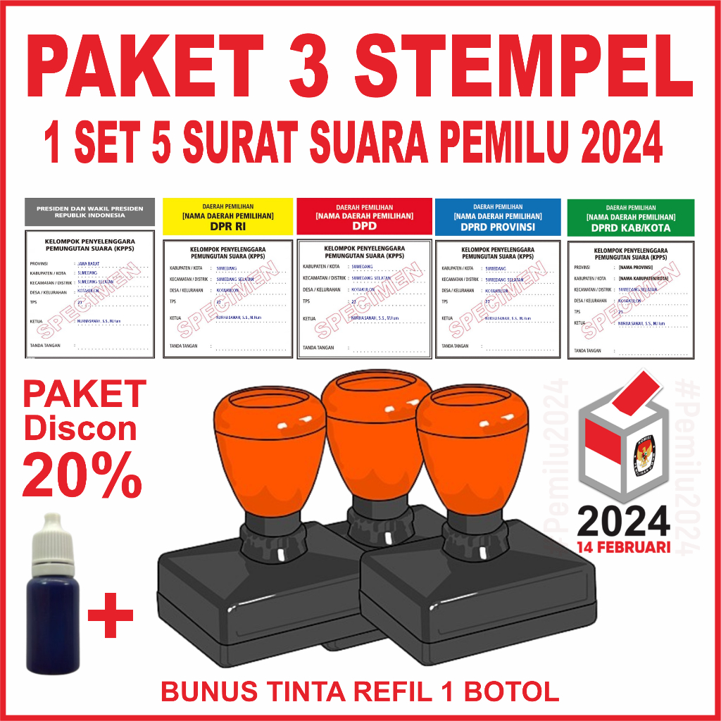 Paket 3 Stempel surat suara pemilu 2024, Stempel pemilu tps, Stempel kpps 2024
