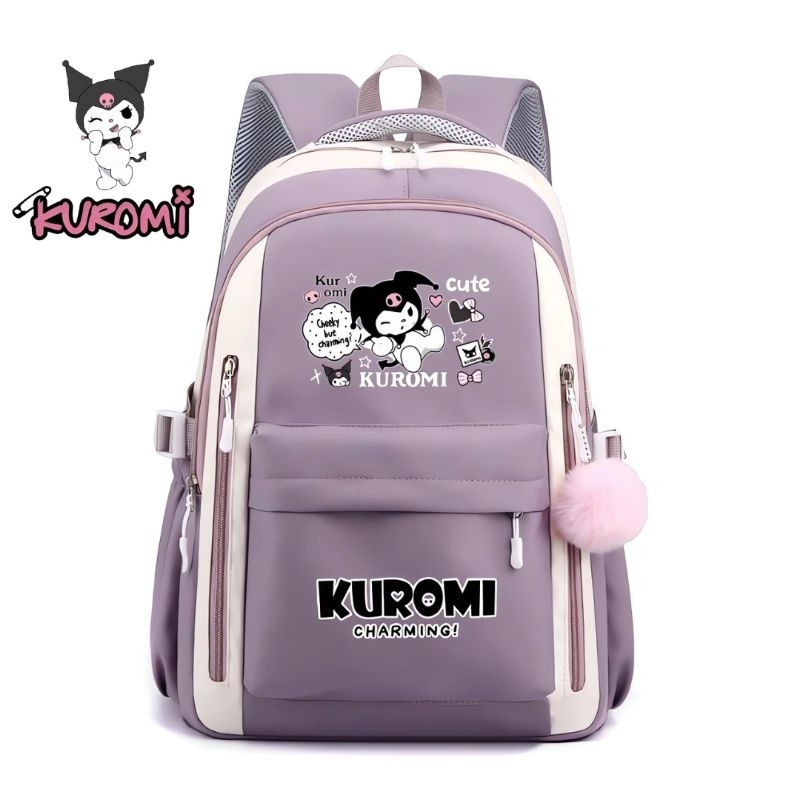 Tas Ransel Sekolah Anak Perempuan SD SMP SMA Karater Kartun Sanrio Motif KUROMI Backpack Wanita Rema