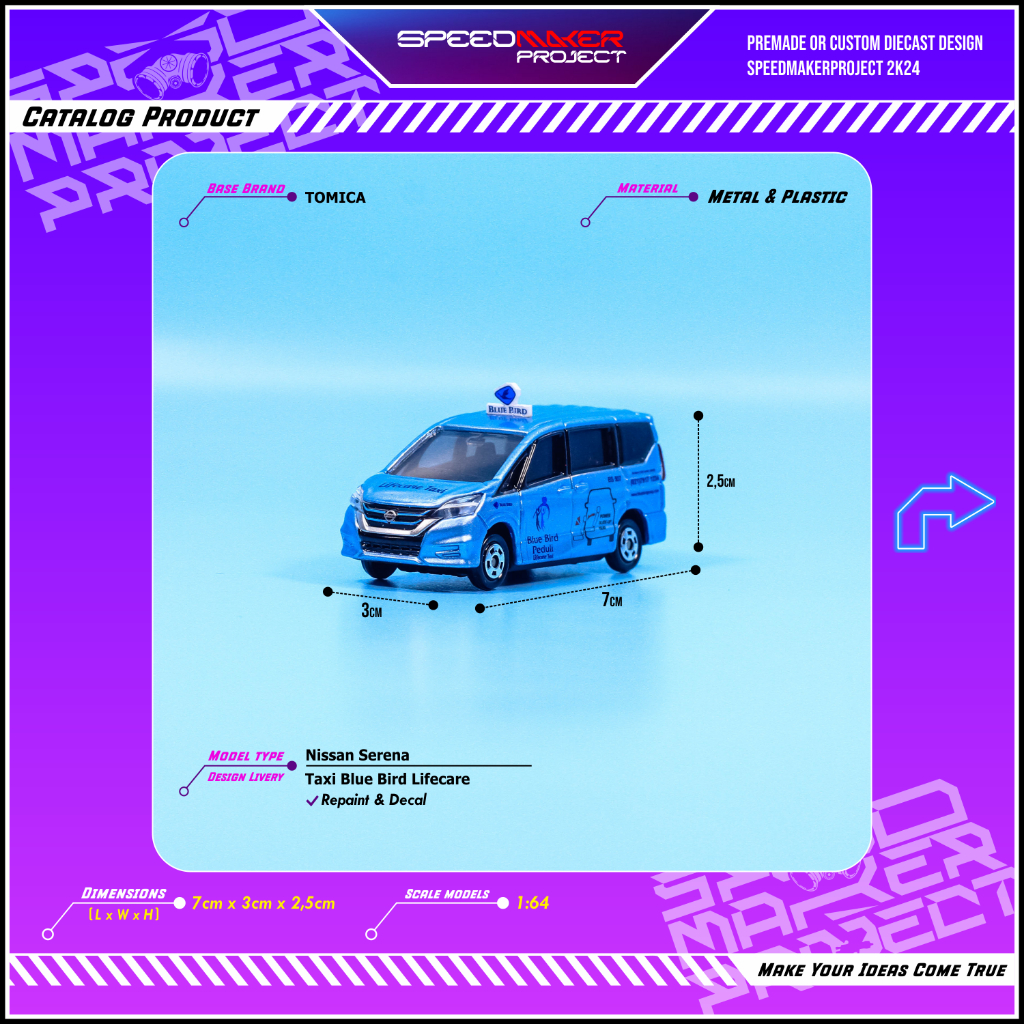 Tomica Custom Nissan Serena Lifecare Taxi Blue Bird Diecast Miniatur Replika Mobil 1:64