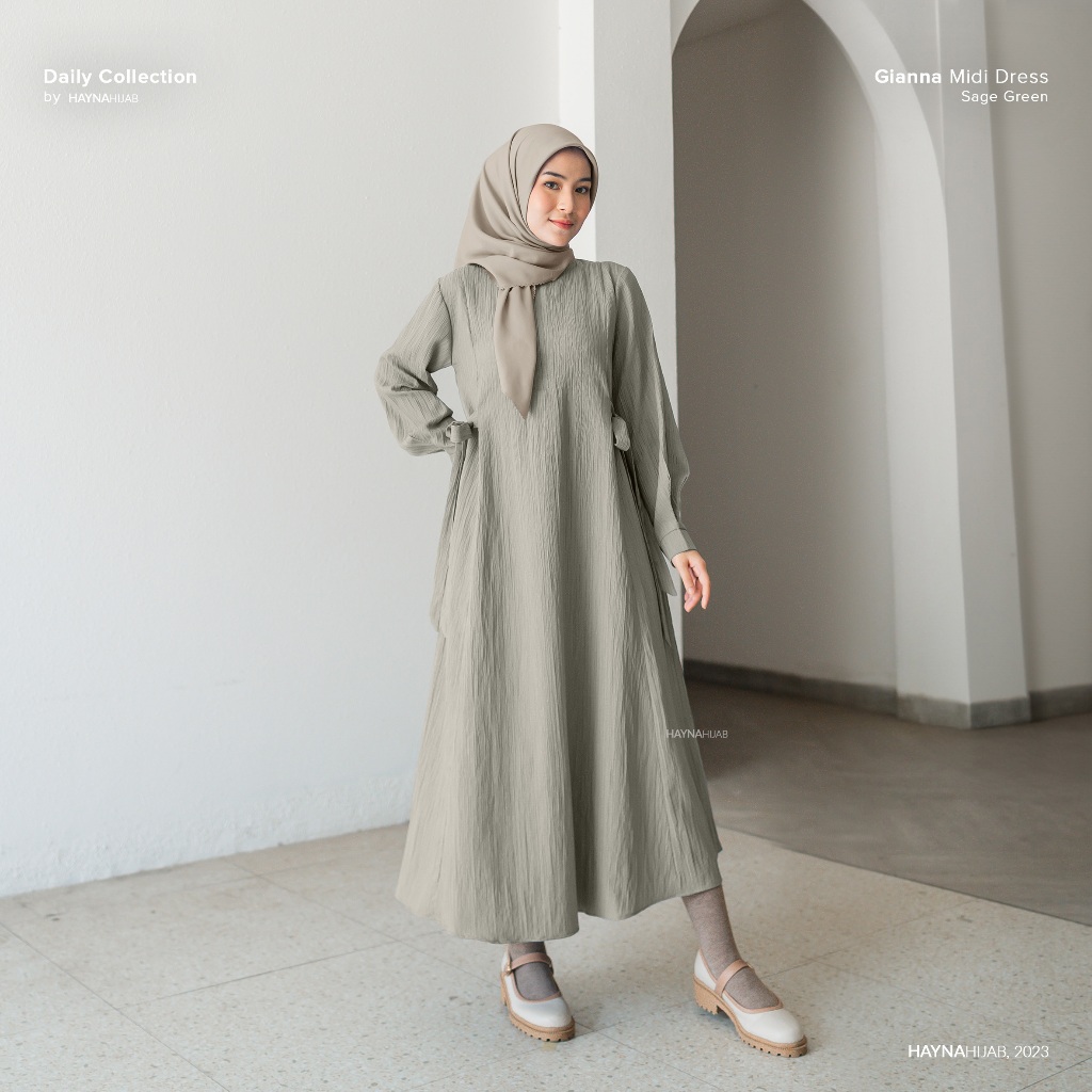 HAYNA Gianna Midi Dress (Sage Green) - Daily Dress Busui Friendly Gamis Wanita Muslim