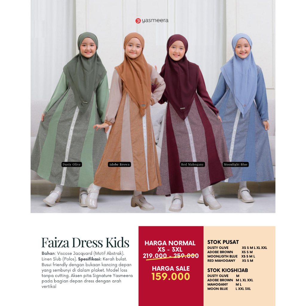 Gamis Faiza Anak by Yasmeera Pakaian Anak Muslim Wanita Bahan Viscose Jaguard dan Linen Mewah Warna 