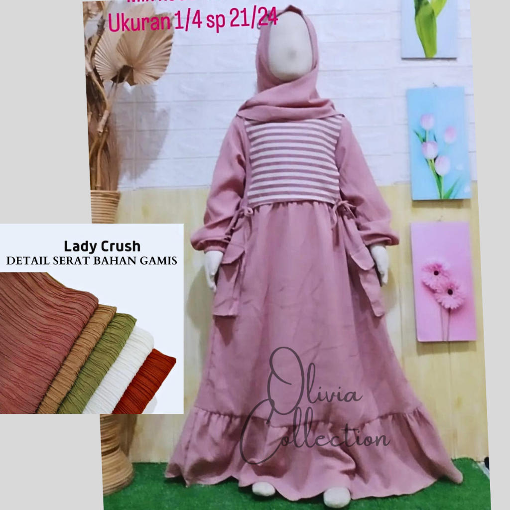 Gamis cargo anak perempuan terbaru bahan ledy crush import stipe salur mix knit caramel usia 3 - 11 