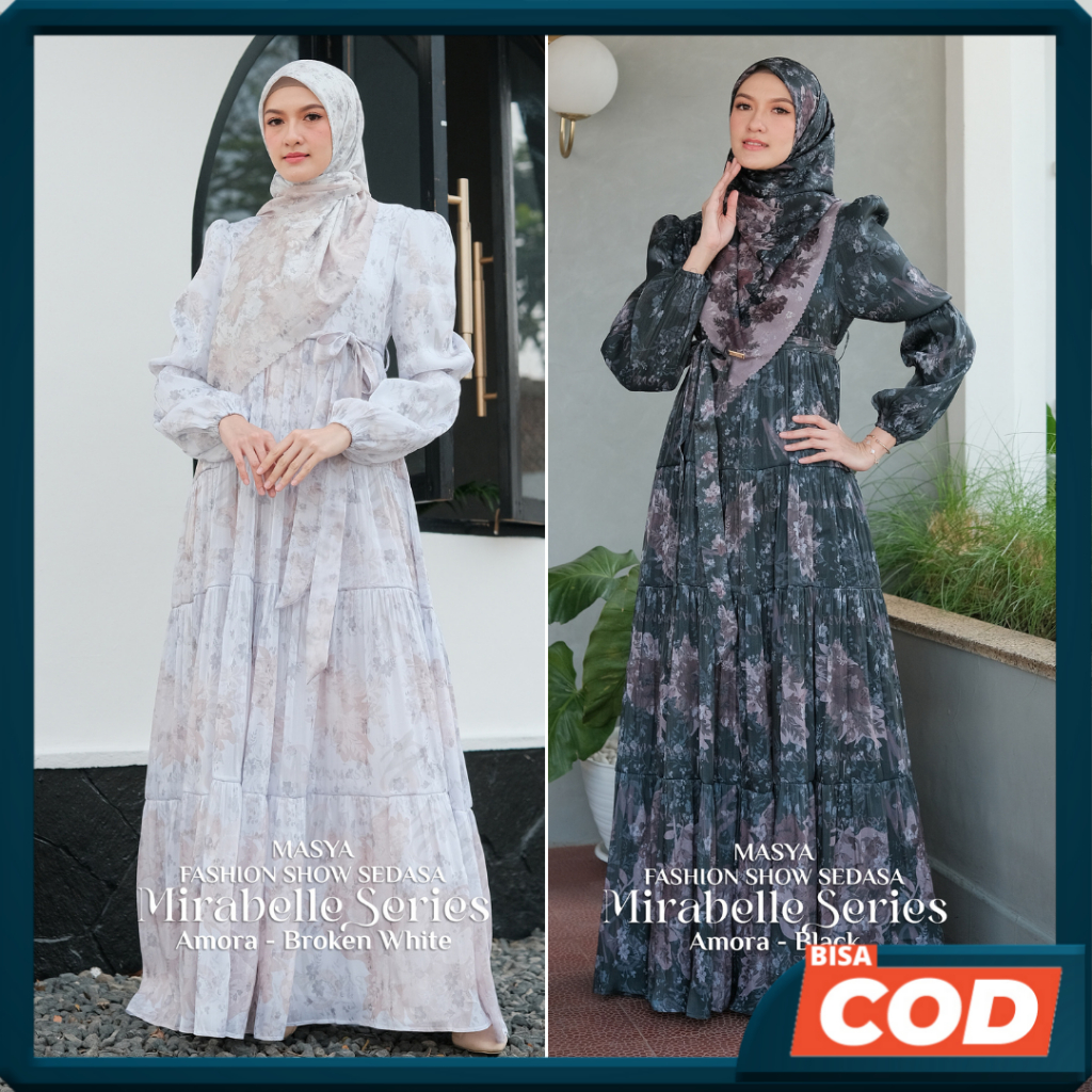Set Gamis Dress Shimmer Printing Premium Syari Branded Putih Broken White - Hitam - Black Mewah Masy