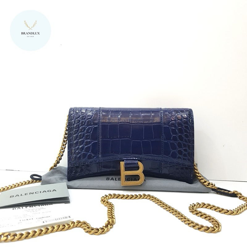 BALENCIAGA Hourglass WOC wallet on chain croco navy blue GHW