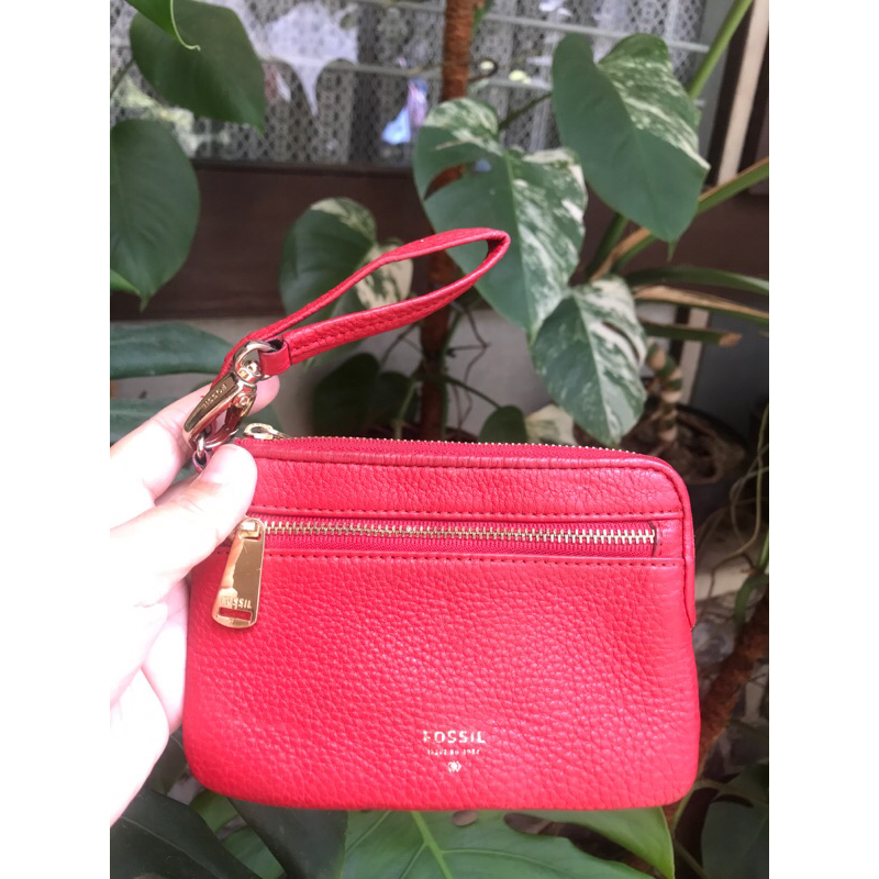 preloved pouch wallet fossil original ocil f o s s i l kulit asli ori red merah dompet stnk kartu