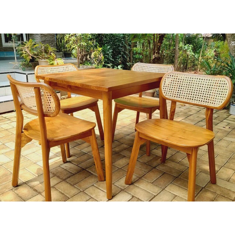 SET MEJA CAFE KURSI KACANG KAYU JATI TUA MEJA 80x80x75