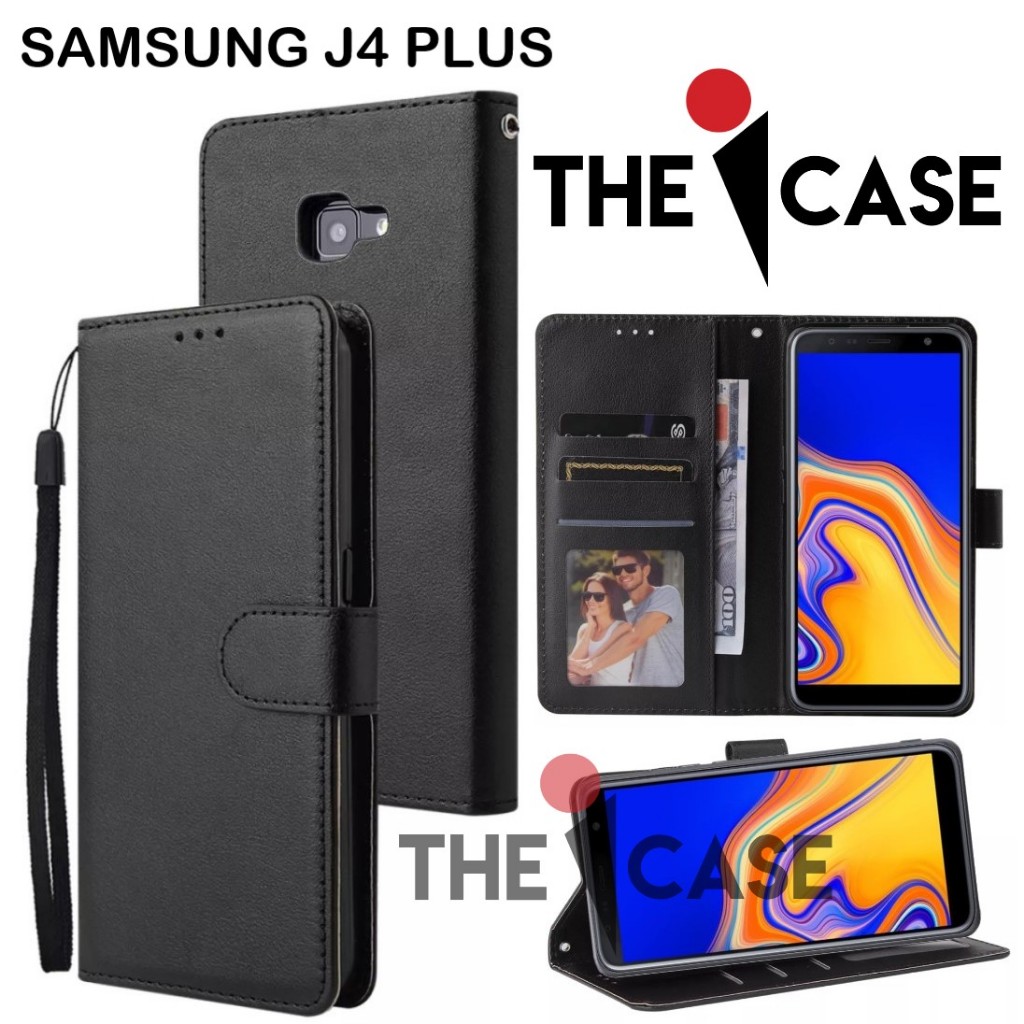 Casing SAMSUNG J4 PLUS model flip buka tutup case kulit ada tempat foto dan kartu juga tali hp flip 