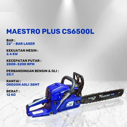 Mesin Potong Kayu (Senso)/Chainsaw Bar 22 inch (Laser Tip) Merk Maestro CS 6500L