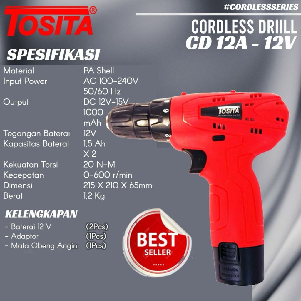 TOSITA Mesin Bor Tangan Listrik Baterai Cordless Hand Drill 12V