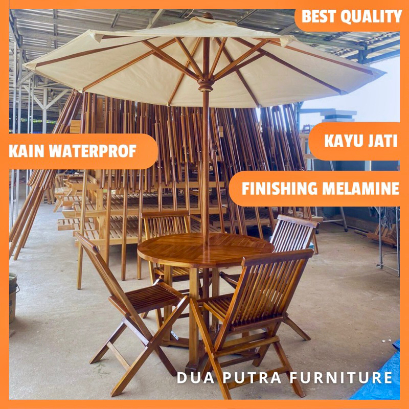 set meja payung 4 kursi cafe, meja payung taman outdoor, payung jati berkualitas, tenda payung panta
