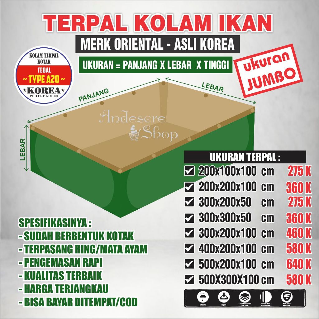 Kolam Terpal Ikan TAMBAK Type/Ketebalan A20 (UKURAN BESAR) ASLI Korea Terpal Kolam Ikan Kotak Terpal