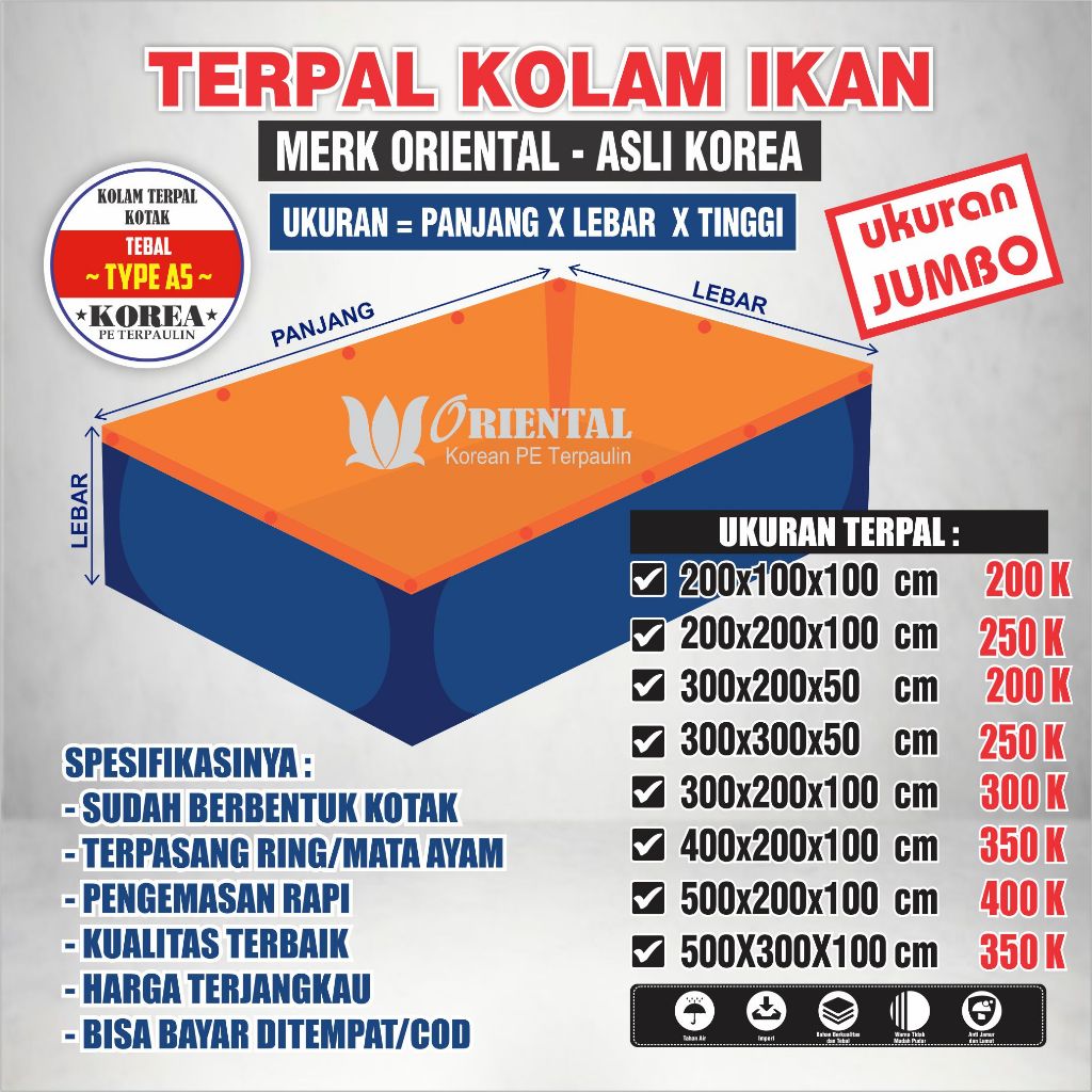 Kolam Terpal Ikan TAMBAK Type/Ketebalan A5 (UKURAN BESAR) ASLI Korea Terpal Kolam Ikan Kotak Terpal 