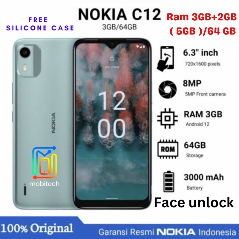 NOKIA C12 RAM 3+2(5GB)/64GB - ANDROID 12 GO - FACE UNLOCK - UNISOC SC9863A1- GARANSI RESMI NOKIA NEW